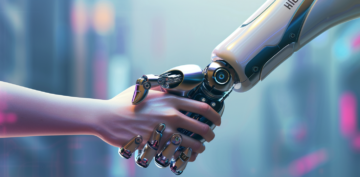 A symbolic image of a human hand shaking a robotic hand